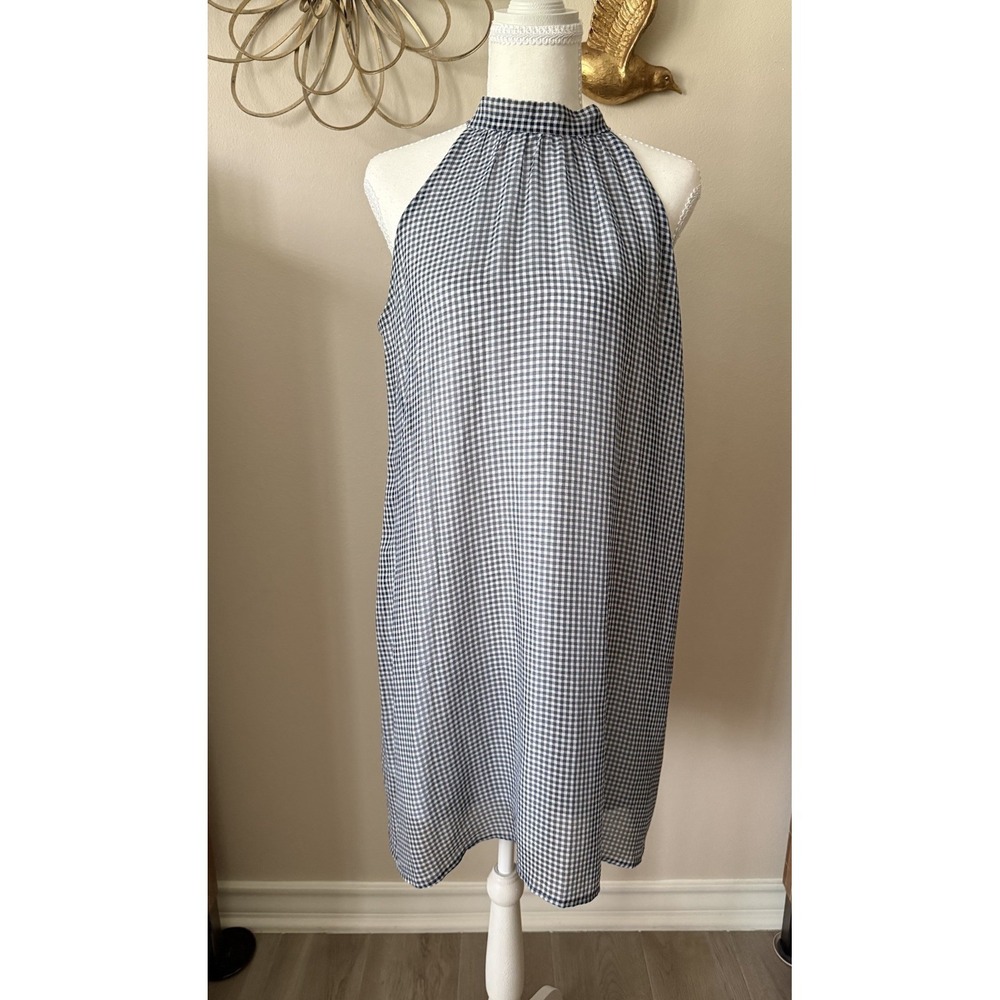 Buttons Navy White Gingham‎ Halter Mini Dress Size M Button Back Tie Neck